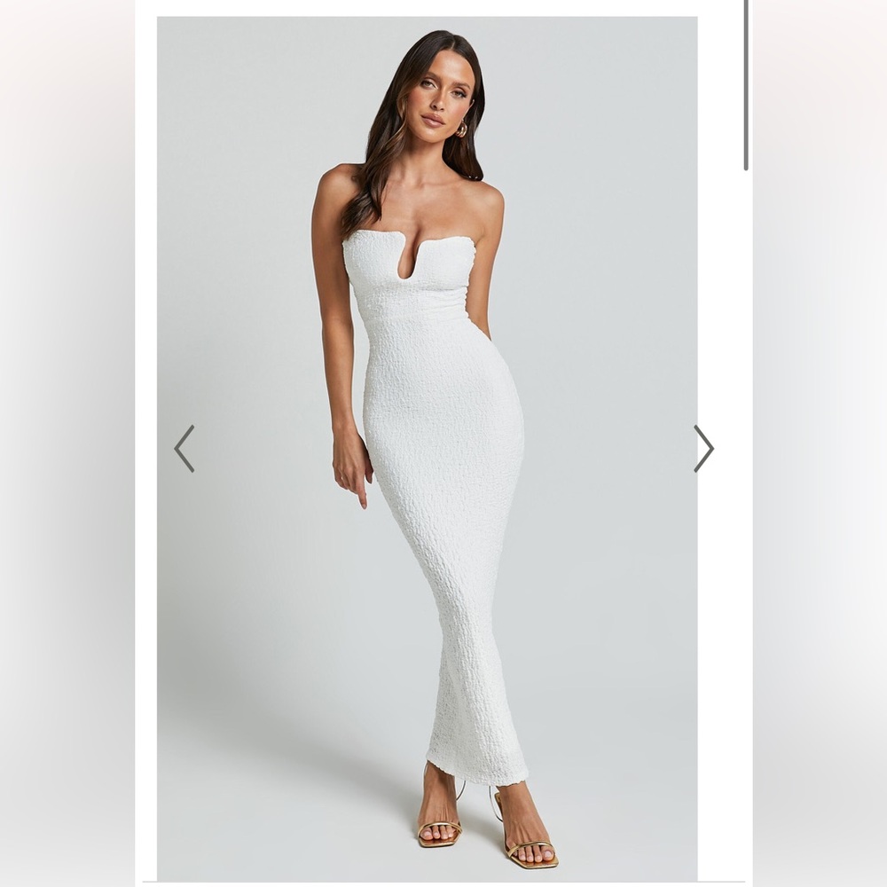 SHOWPO ALBERTA MAXI DRESS- STRAPLESS BUST DETAIL TEXTURED DRESS IN WHITE